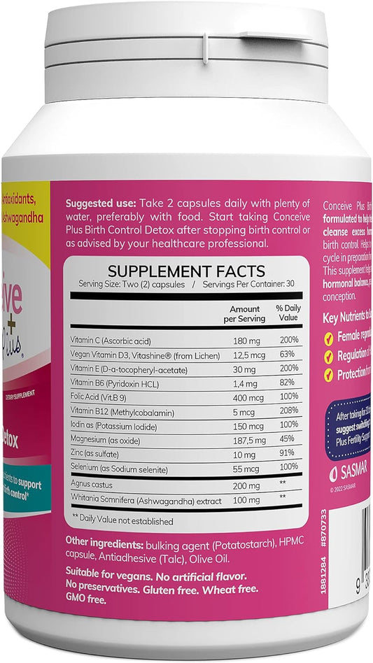 Conceive Plus Birth Control Detox, 30-Day Program, 60 Capsules, Hormone Balance, Fertility Support, Birth Control Cleanse, Prenatal Vitamins For Women