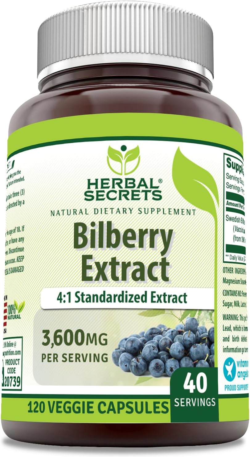 Herbal Secrets Bilberry Extract 3600 Mg Per Serving | 4:1 Extract | Veggie Capsules Supplement | Non-Gmo | Gluten Free (120)