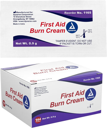Dynarex First Aid Burn Cream - Burn Ointment For Minor Cuts, Wounds, Burns - Single Dose Water-Based Formula With Benzalkonium Chloride - For Medical & Home Care - 0.9G Packets, Box Of 144