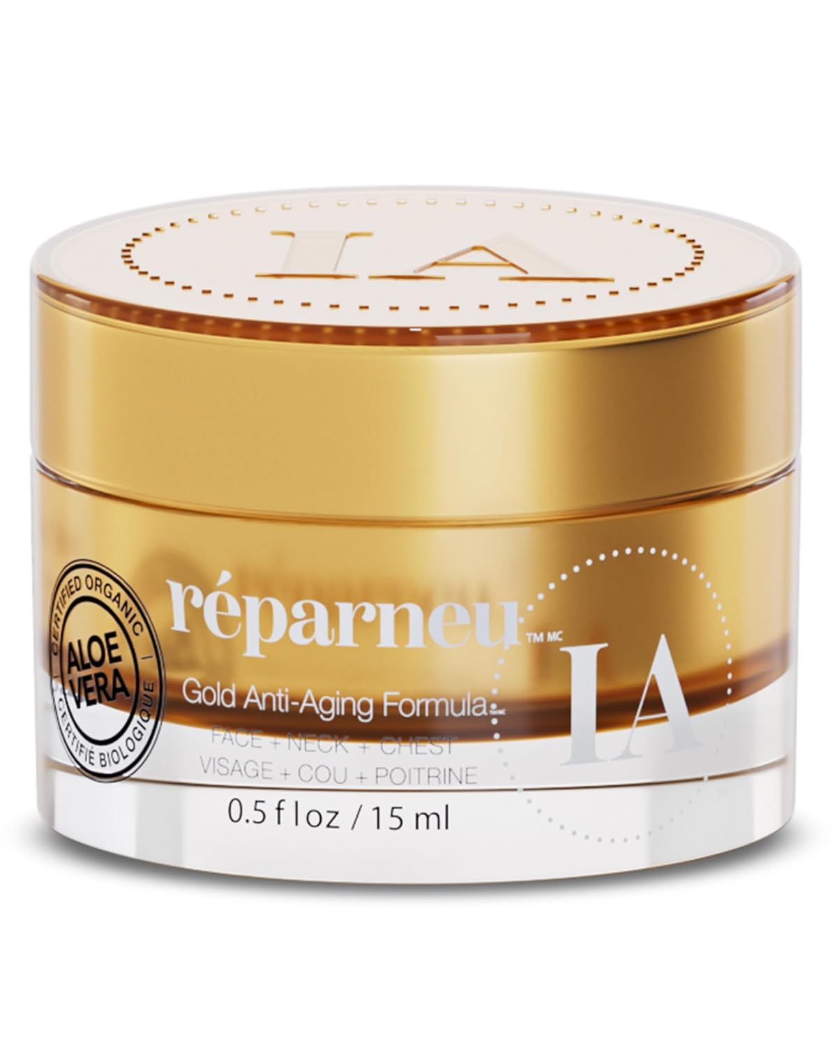 Infinitealoe Réparneu Gold Anti-Aging Formula, Neck Firming, Face Tightening, Anti Wrinkle Face Cream - Organic Aloe Powered With Collagen, Peptides & Retinyl - 0.5Oz Jar