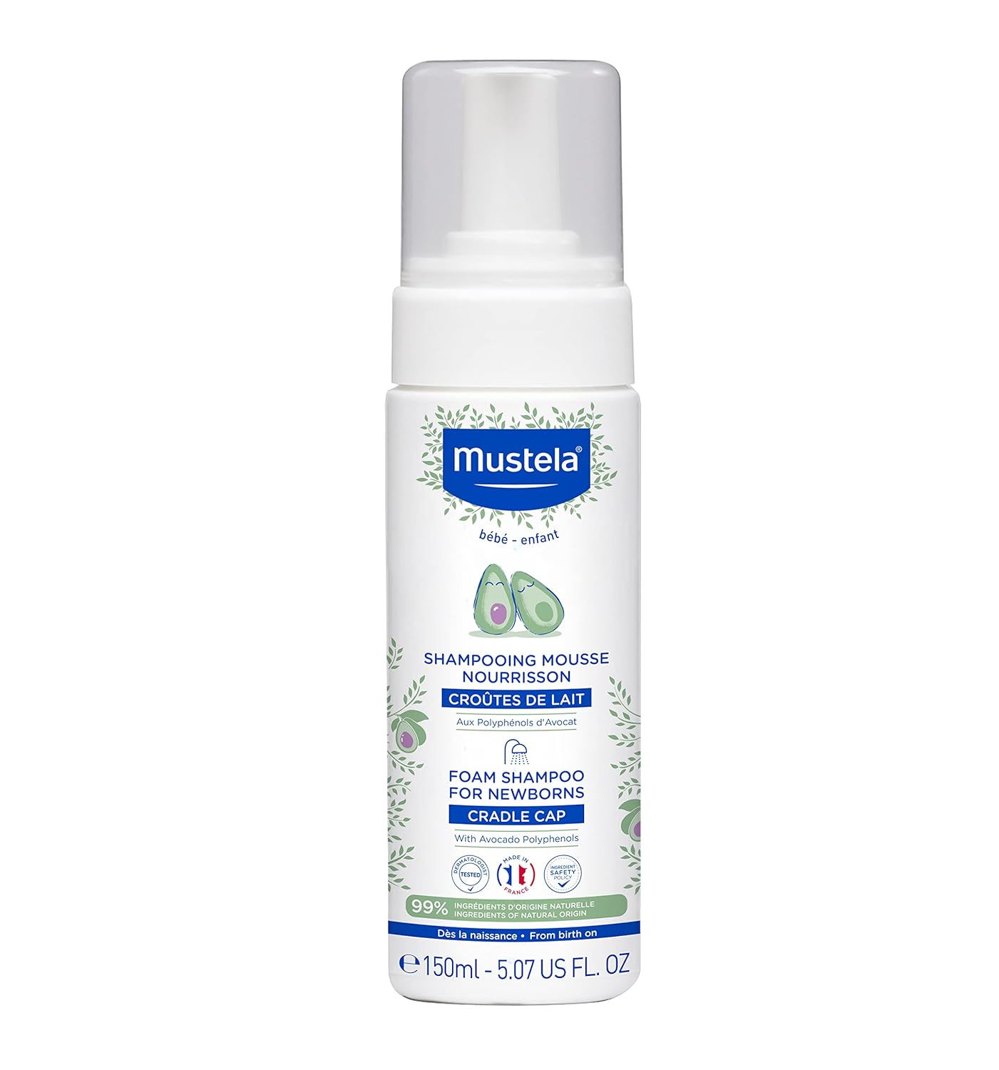 Mustela Cradle Cap Foam Shampoo For Newborn - Baby Shampoo With Natural Avocado - Tear-Free & Fragrance-Free - 5.07 Fl. Oz