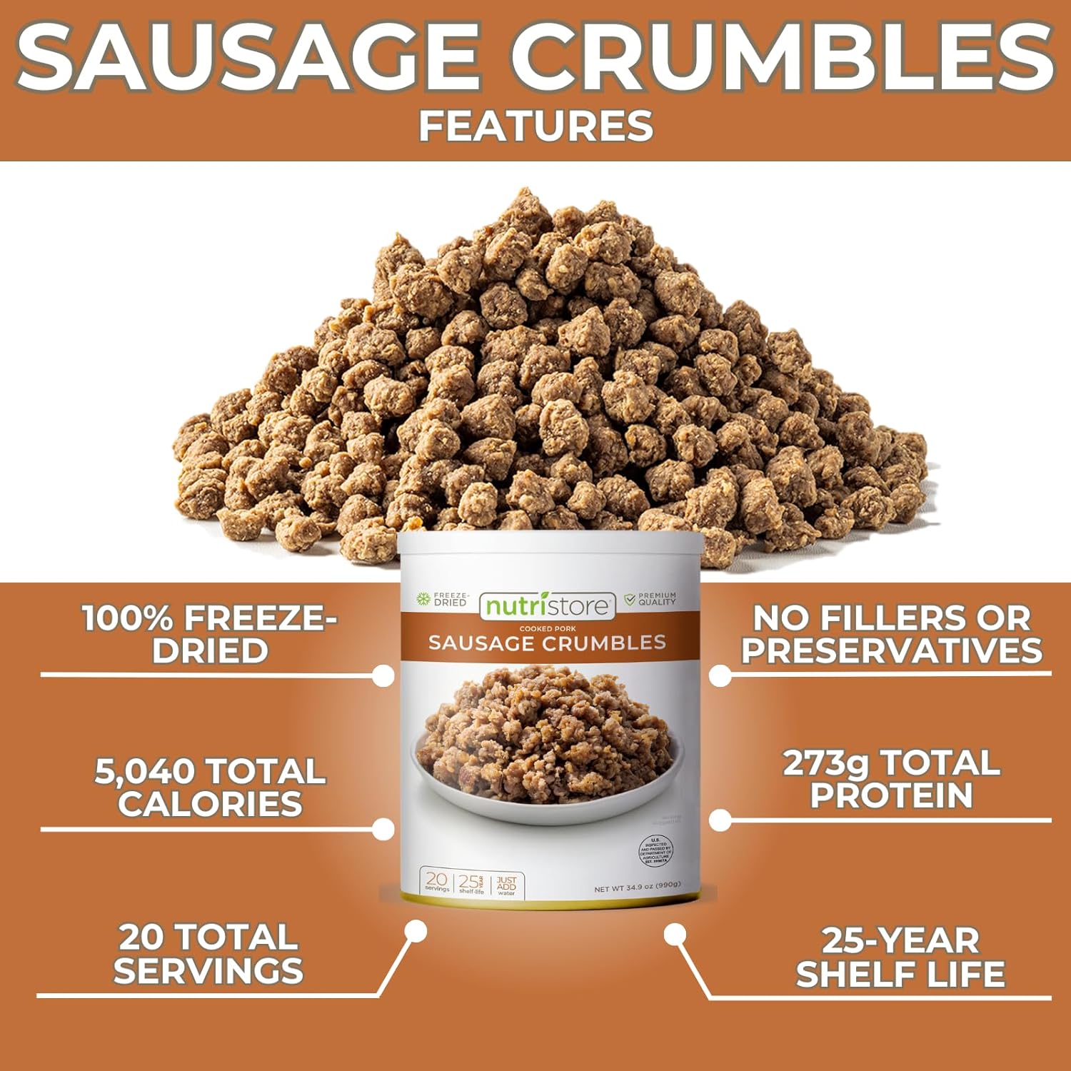 Nutristore Freeze Dried Sausage Crumbles | Survival Emergency Food Supply, Meal Prep, Camping | Made in USA | 25 Year Shelf Life | #10 Can, 29.6 oz : Grocery & Gourmet Food