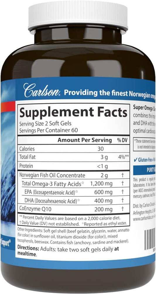 Carlson - Super Omega-3 Gems + Coq10, 1200 Mg Omega-3S 200 Mg Coq10, Circulation Function, Energy Production & Circulatory Support, 120 Softgels