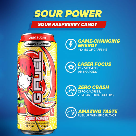 G Fuel Sonic Energy Drink, Sugar Free, Healthy Drinks, Zero Calorie, 140 Mg Caffeine Per Carbonated Can, Sour Raspberry Candy Flavor, Focus Amino, Vitamin + Antioxidants Blend - 12 Pack