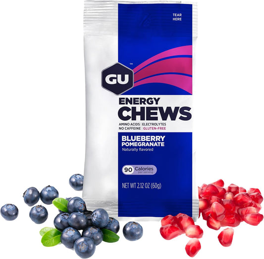 Gu Energy Chews, Blueberry Pomegranate Energy Gummies With Electrolytes, Vegan, Gluten-Free, Kosher, And Dairy-Free On-The-Go Energy For Any Workout, 12 Bags (24 Servings Total)