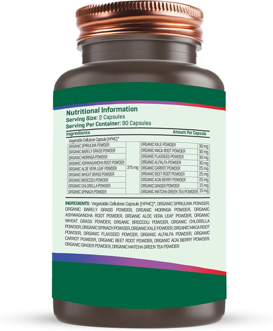 The Good Guru Organic Green Superfood Supplement Capsules - 90 Capsules With 18 Nutritious Ingredients