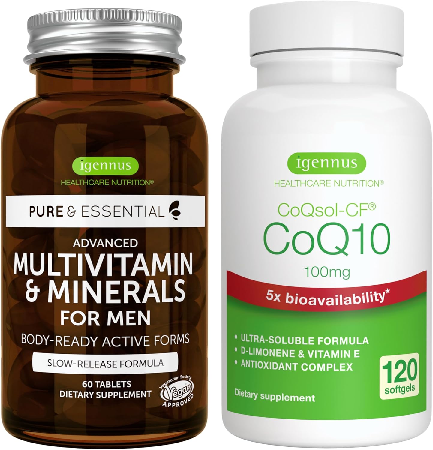 Multivitamin & Minerals For Men + High Absorption Coq10 100Mg 120 Softgels Energy Bundle, Sustained Release Advanced Multivitamin + Coq10 With Vitamin E & D-Limonene, By Igennus