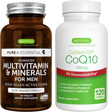 Multivitamin & Minerals For Men + High Absorption Coq10 100Mg 120 Softgels Energy Bundle, Sustained Release Advanced Multivitamin + Coq10 With Vitamin E & D-Limonene, By Igennus