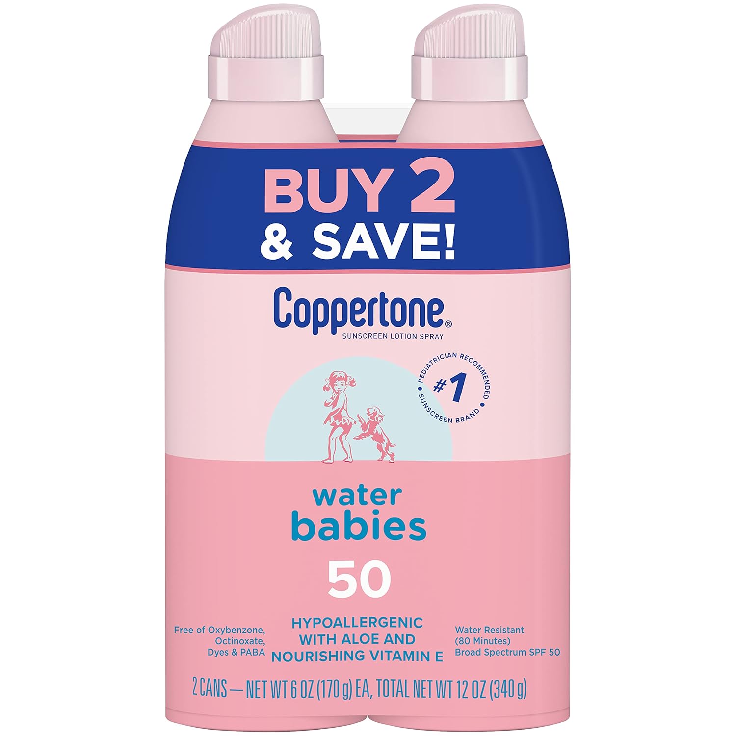 Coppertone Waterbabies Sunscreen Spray, Spf 50 Baby Sunscreen, Spray On Sunscreen, 6 Oz, 2 Pack