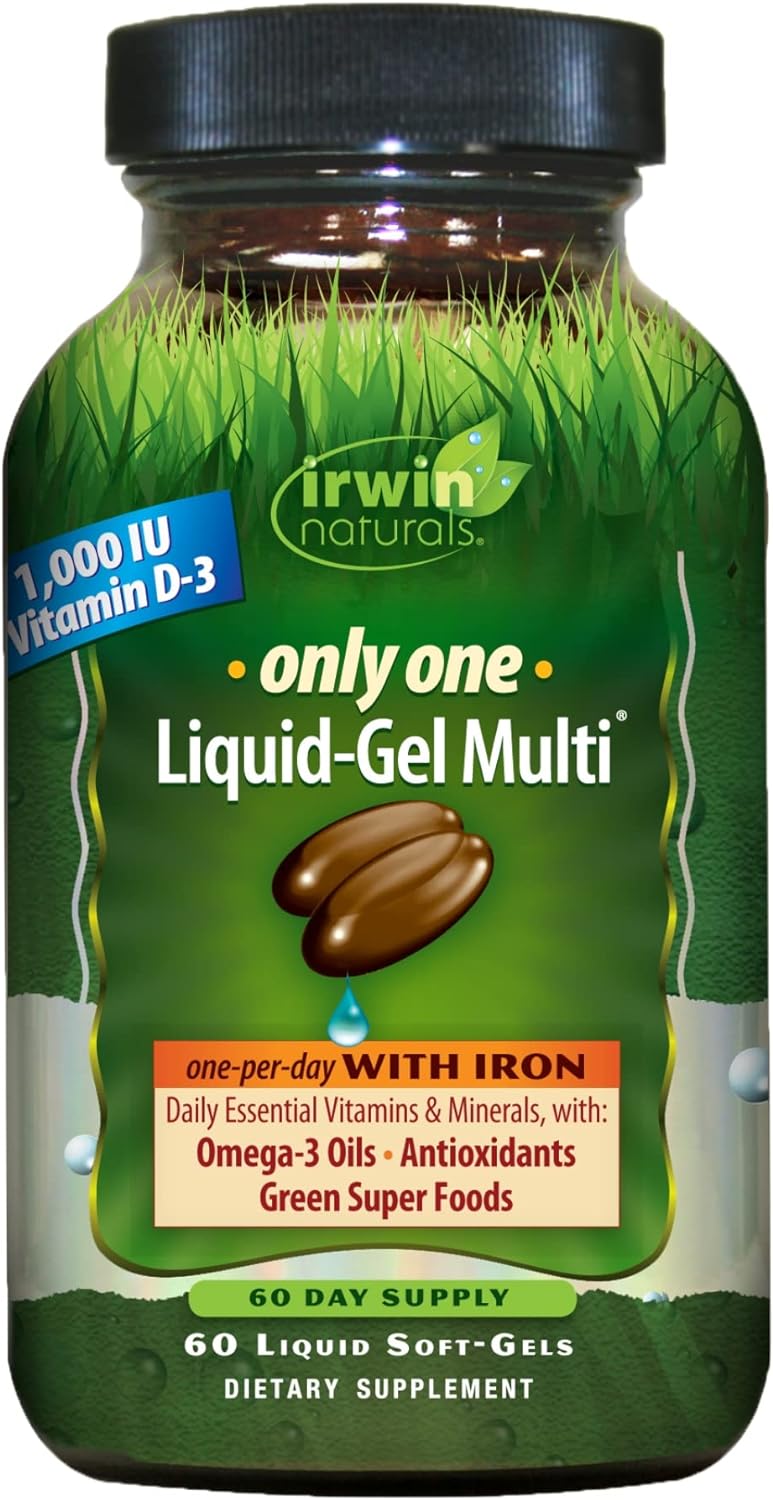 Irwin Naturals Only One Liquid-Gel Multi with Iron Daily Essential Vitamins, Minerals, Antioxidants, Omega-3s & Green Super Foods - 60 Liquid Softgels