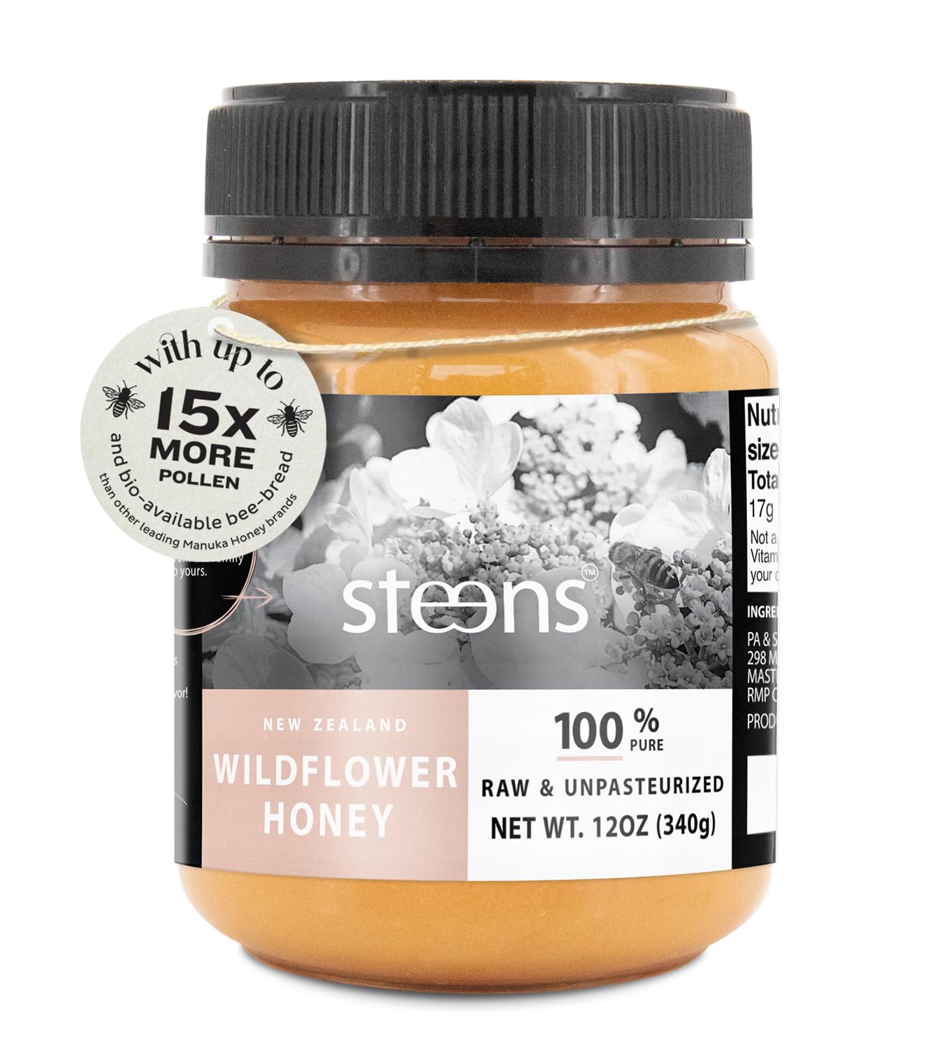 Steens - New Zealand Wild Flower Honey, Unpasteurized Natural Honey, Whole Comb Processed Raw Honey For Face And Oral Consumption, Cold Pressed Multifloral Honey, 12 Oz Jar