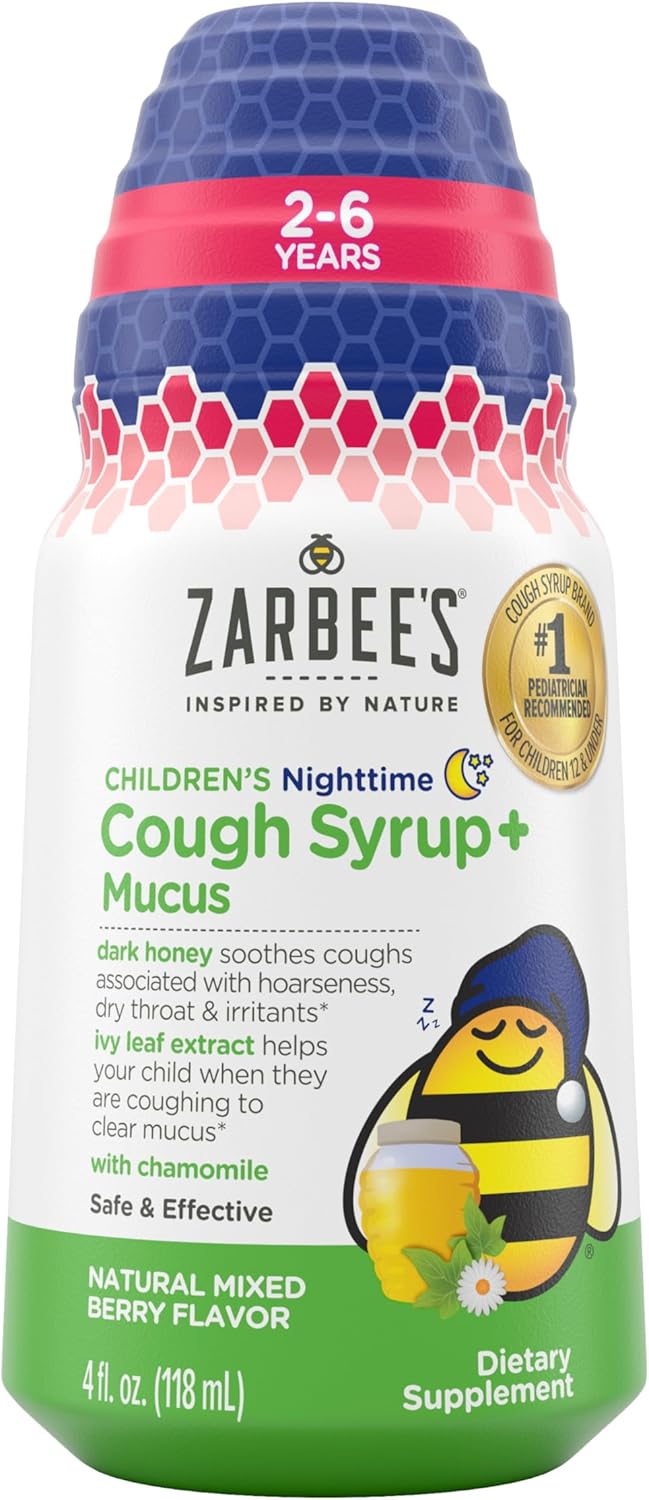 Zarbee'S Kids Cough + Mucus Nighttime For Children 2-6 With Dark Honey, Ivy Leaf, Zinc & Elderberry, 1 Pediatrician Recommended, Drug & Alcohol-Free, Mixed Berry Flavor, 4Fl Oz