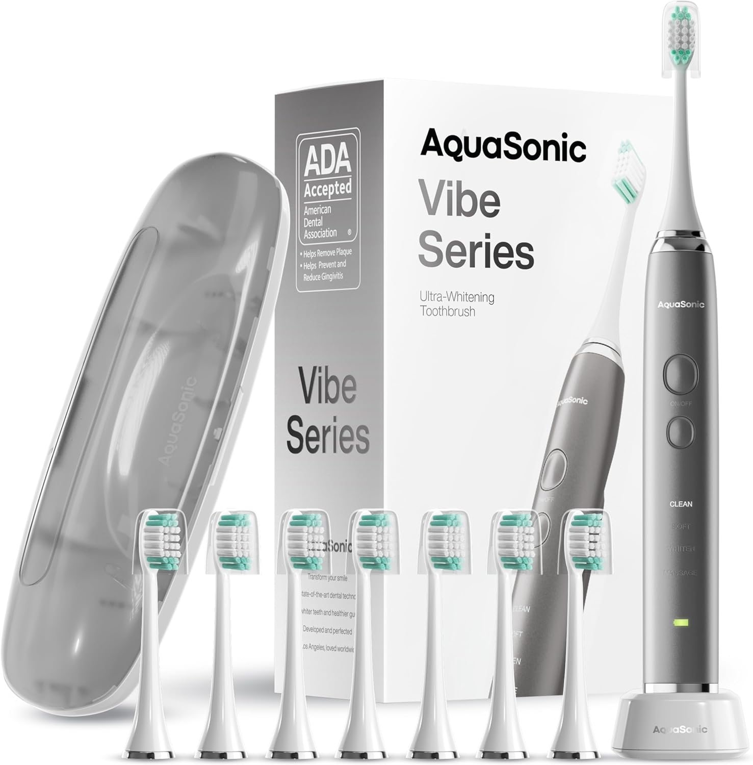 Aquasonic Vibe Series Ultra-Whitening Toothbrush – Ada Accepted Electric Toothbrush - 8 Brush Heads & Travel Case – 40,000 Vpm Motor & Wireless Charging - 4 Modes W Smart Timer – Ruby