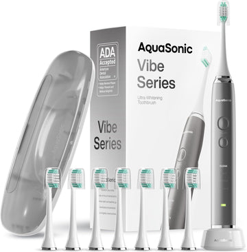 Aquasonic Vibe Series Ultra-Whitening Toothbrush – Ada Accepted Electric Toothbrush - 8 Brush Heads & Travel Case – 40,000 Vpm Motor & Wireless Charging - 4 Modes W Smart Timer – Ruby