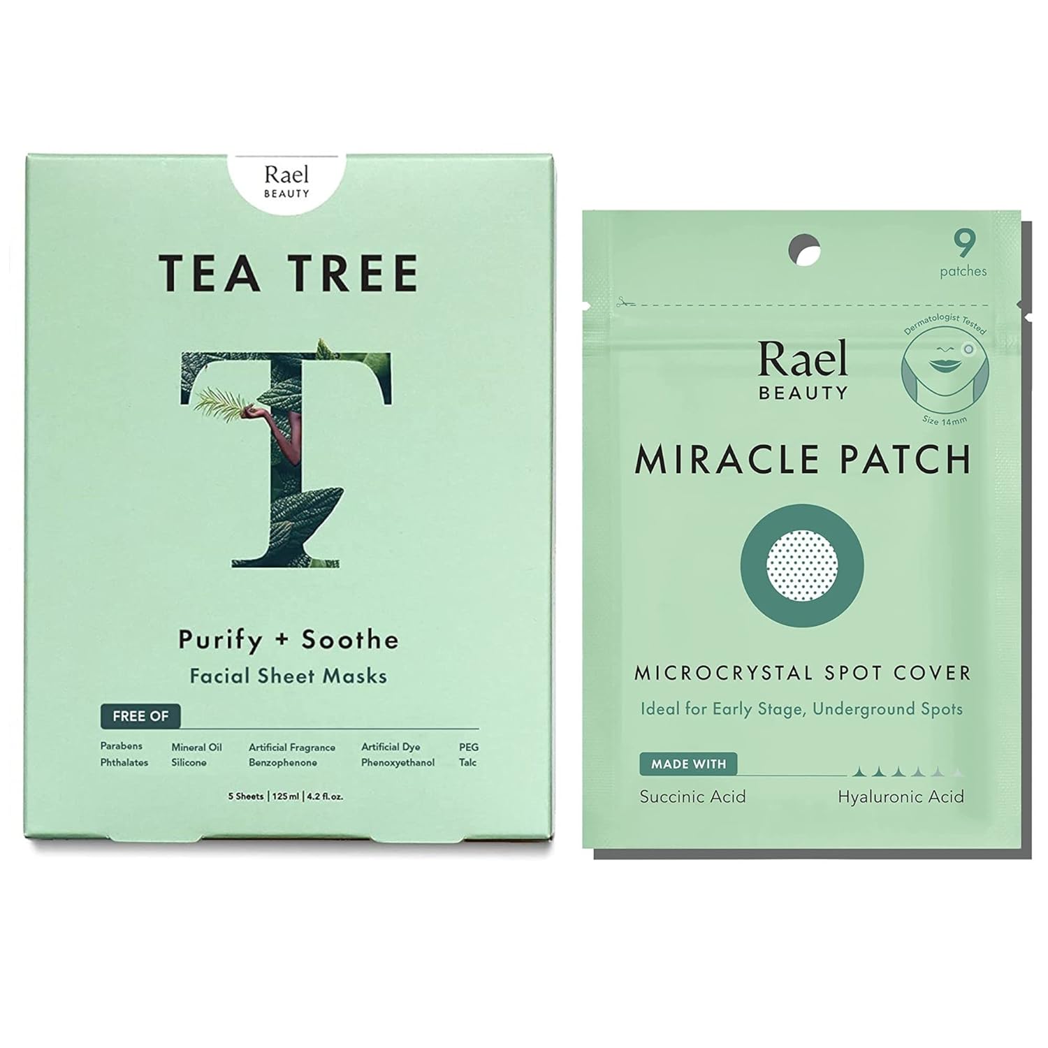 Rael Spot Care Bundle - Microcrystal Spot Cover (9 Count) & Rael Bamboo Facial Sheet Mask (Tea Tree, 5 Count)