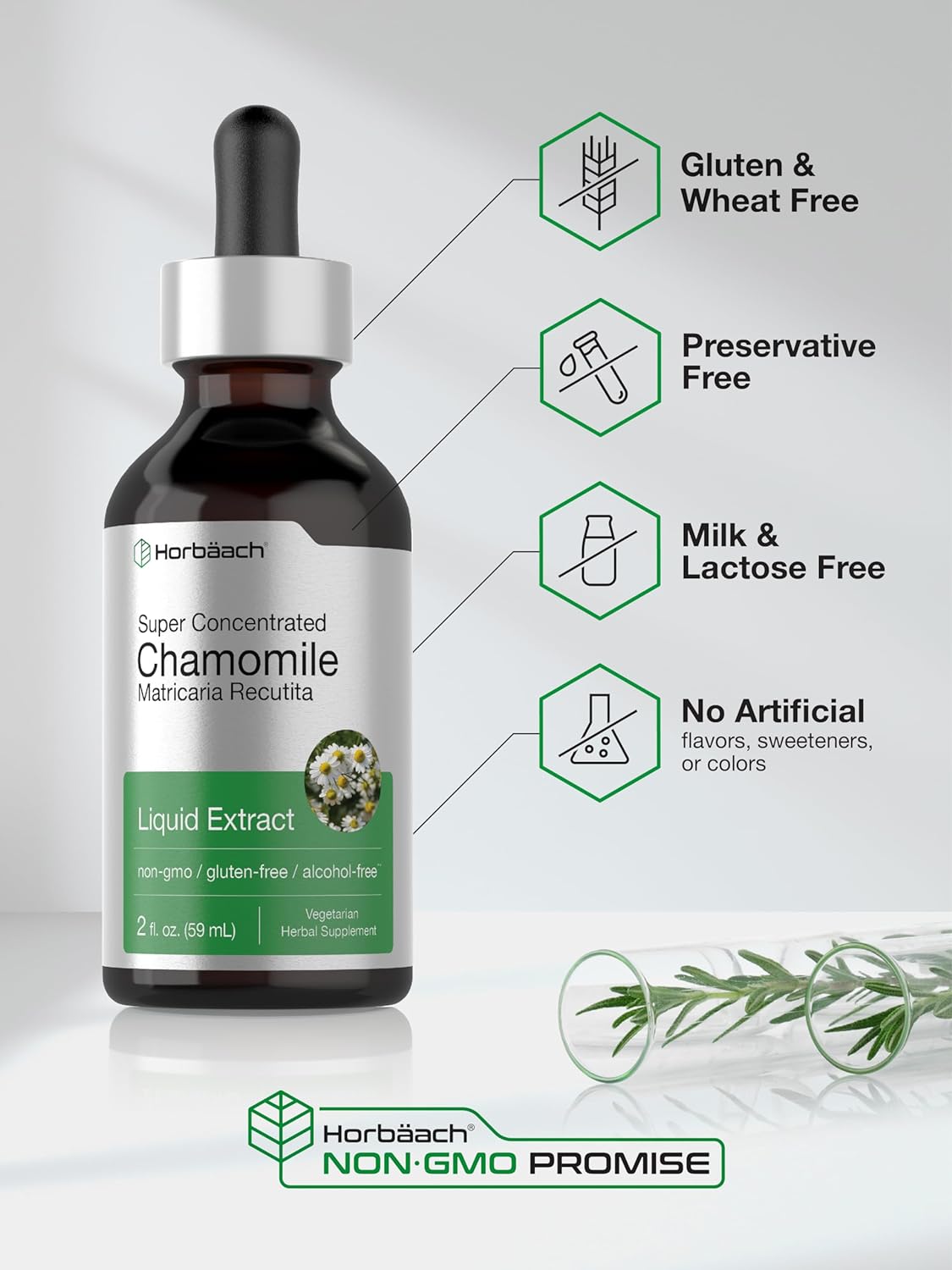 Horbäach Chamomile Extract Liquid | 2 fl oz | Alcohol Free Supplement | Vegetarian, Non-GMO, Gluten Free Tincture : Health & Household