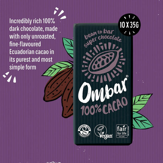 Vegan Chocolate - Ombar 100% Cacao Dark Chocolate (35G X 10 Bars) Organic, Fair Trade, Dairy Free And Gluten Free Chocolate