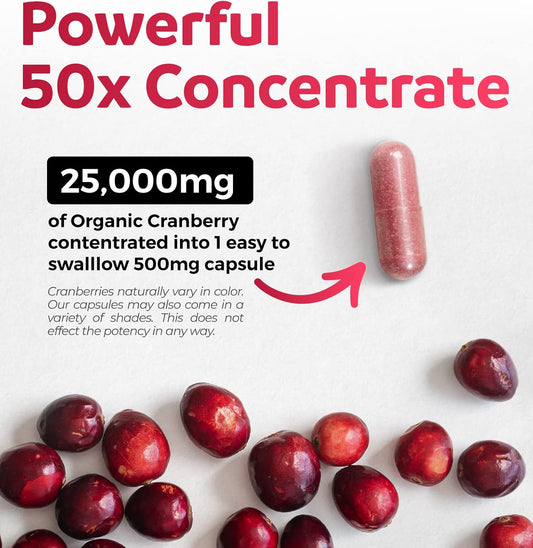 Organic Cranberry Pills - 50:1 Concentrate Equals 25,000mg of Fresh Cranberries (Vegan) for Urinary Tract Health & Kidney Cleanse - Cranberry Pills for Women - UTI Support Supplement - 60 Capsules