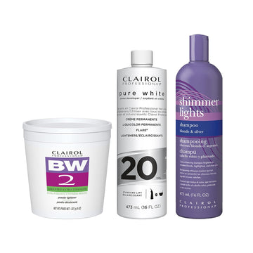 Clairol Professional Ultimate Blonding Routine Best Sellers *Bundle | BW2 Lightener for Hair Highlights, 8 oz. + 20 Volume Pure White Hair Developer, 16 oz. + Shimmer Lights Purple Shampoo 16 oz. : Beauty & Personal Care
