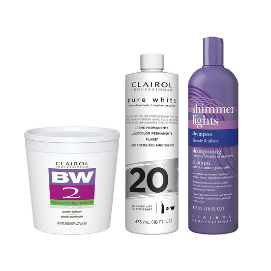 Clairol Professional Ultimate Blonding Routine Best Sellers *Bundle | BW2 Lightener for Hair Highlights, 8 oz. + 20 Volume Pure White Hair Developer, 16 oz. + Shimmer Lights Purple Shampoo 16 oz. : Beauty & Personal Care