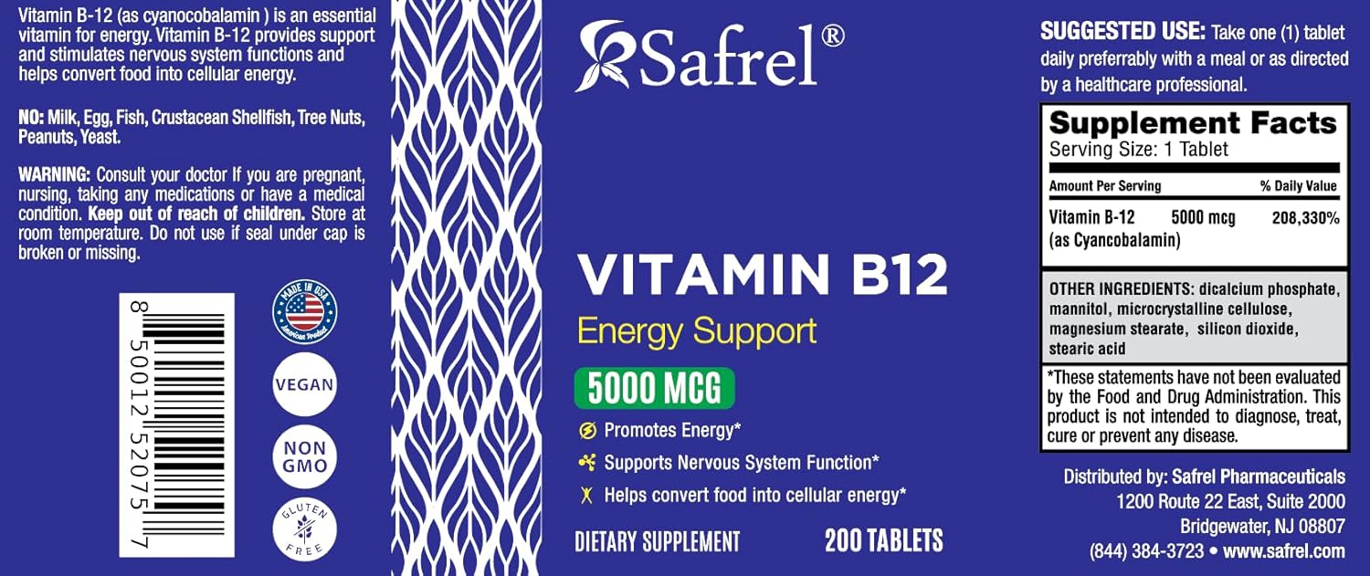 Safrel Vitamin B12 5000 Mcg Per Tablet, 200 Days Supply, Supplement For Energy, Metabolism And Nervous System Health Support, Vegan, Gluten Free And Dye Free | Made In Usa