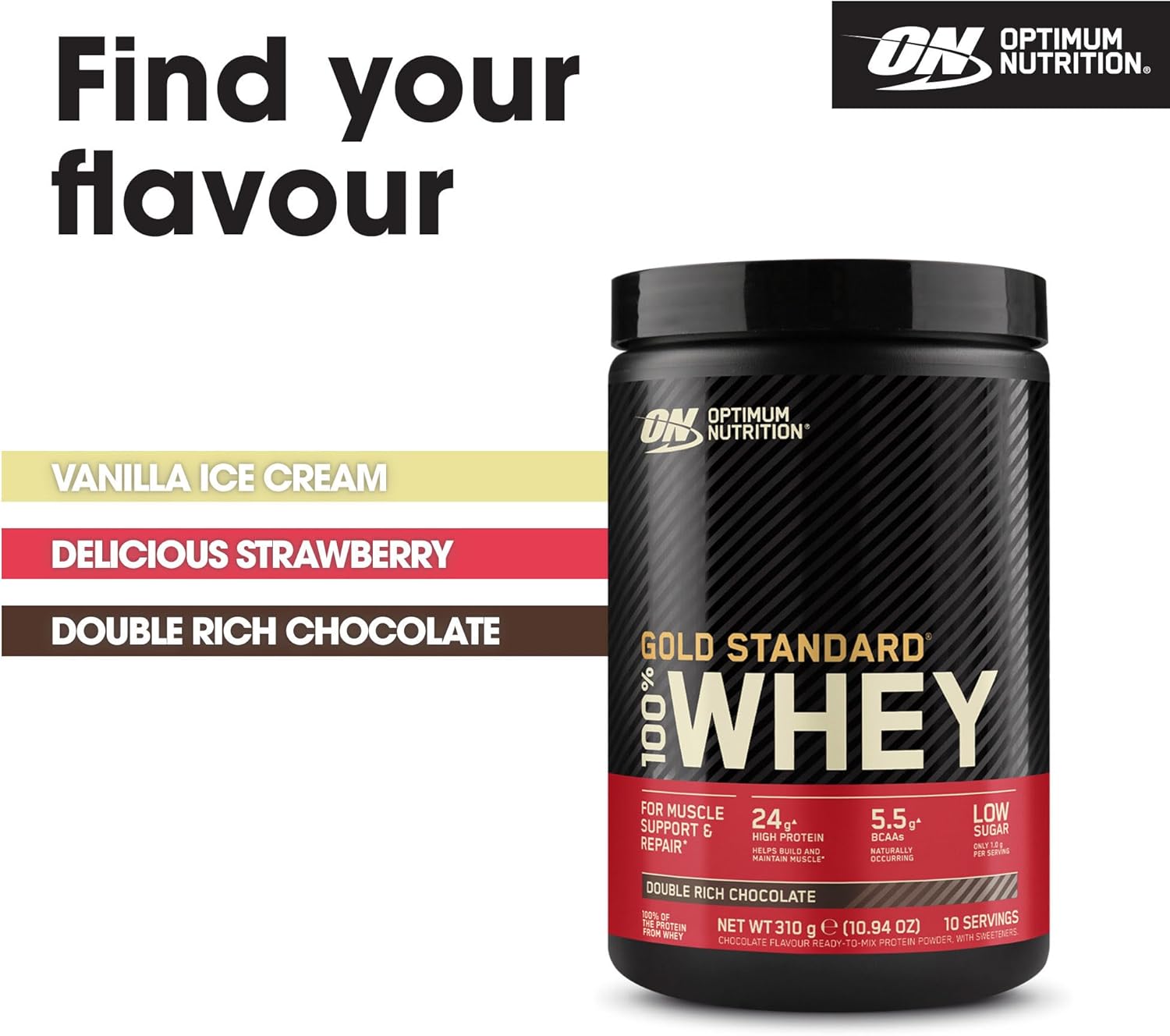 Optimum Nutrition Gold Standard 100 Percent Whey Muscle Building and Recovery Protein Powder with Naturally Occurring Glutamine and BCAA Amino Acids, Double Rich Chocolate Flavour, 10 Servings, 310 g : Amazon.co.uk: Health & Personal Care