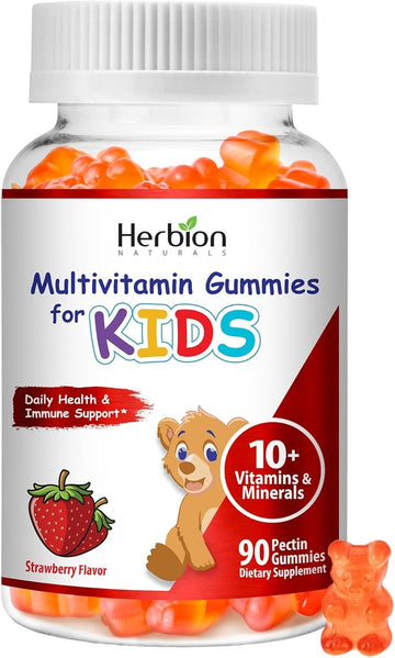 Herbion Naturals Multivitamin Gummies For Kids | Immune Support With Vitamin C, D3, B12, A, E & Zinc | Strawberry Flavor | Gluten Free, Vegan, Chewable Gummy Vitamins | 90 Ct