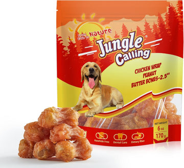 Jungle Calling Rawhide Free Dog Chew Treats, Real Chicken Wrapped Peanut Butter Bones, Teeth Clean Chewy Training Snacks, 6 Oz
