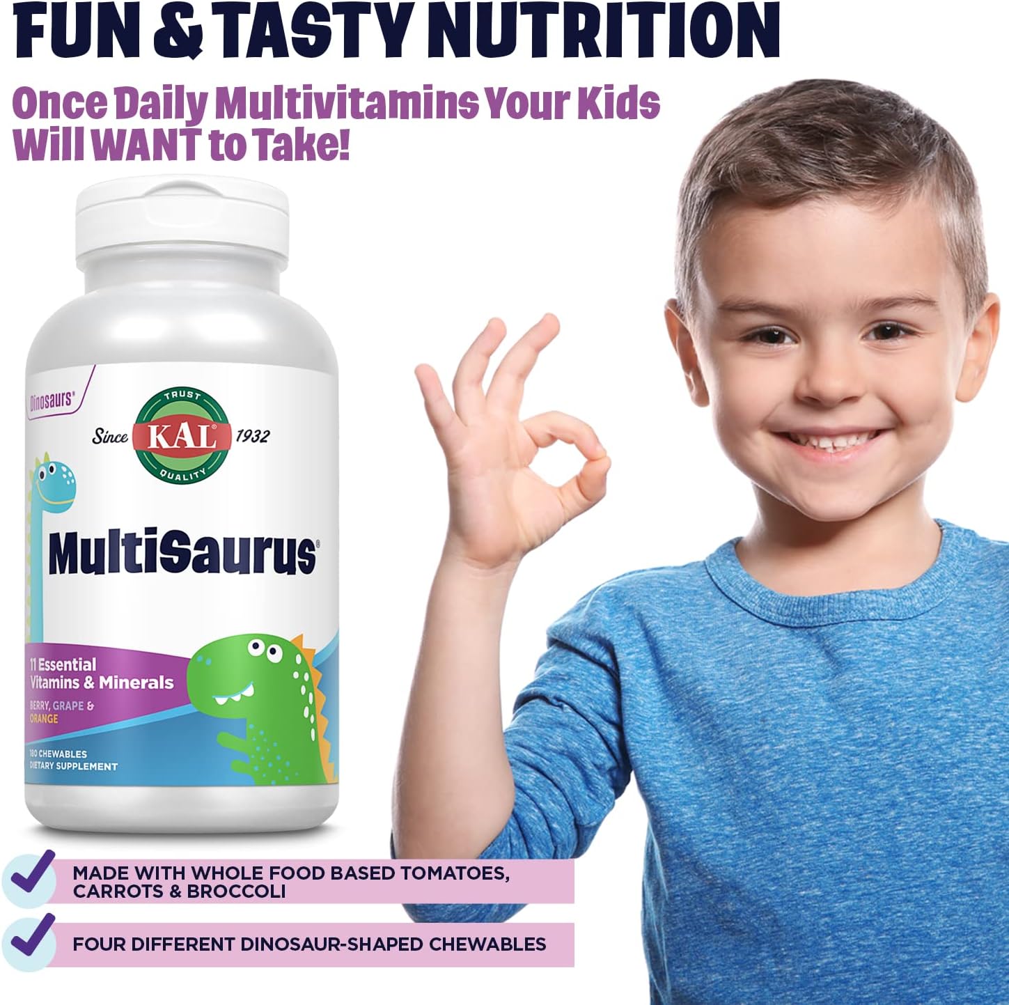 KAL MultiSaurus Kids Chewable Multivitamins, 11 Essential Vitamins and Minerals for Kids, Berry, Grape, Orange Chewables, Gluten and Fructose Free, 180 Servings, 180 Dinosaur-Shaped Chewables : Everything Else