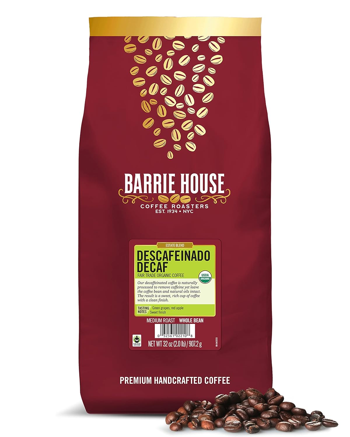 Barrie House Descafeinado Decaf Whole Bean Coffee | Fair Trade Organic Certified | Swiss Water® Process | Medium Roast | 2 Lb Bag | 100% Arabica