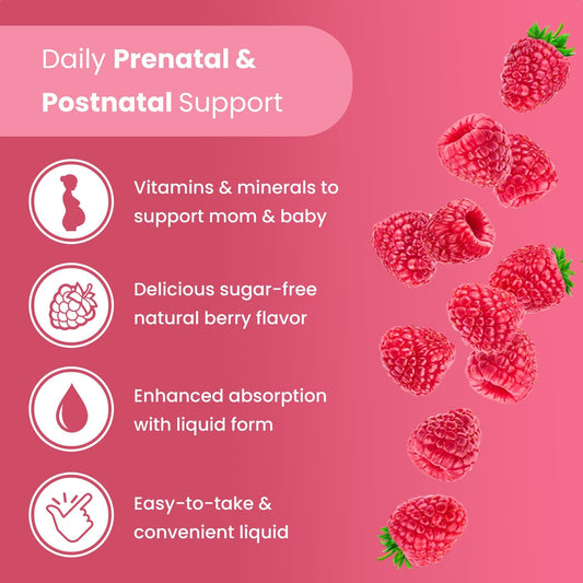 Prenatal & Postnatal Multivitamin for Women | Sugar Free Liquid Prenatal Vitamins for Women with Folate, Choline & Organic Fruits for Preconception, Pregnancy & Nursing | Vegan & Non-GMO