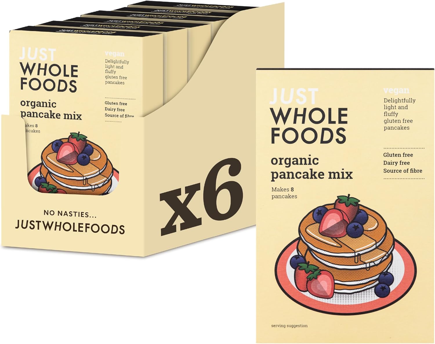 Just Wholefoods Organic Pancake Mix Baking Kit 6 X 185G | Vegan, Gluten & Dairy Free, Source Of Fibre | Ingredients To Make Up To 48 Pancakes |