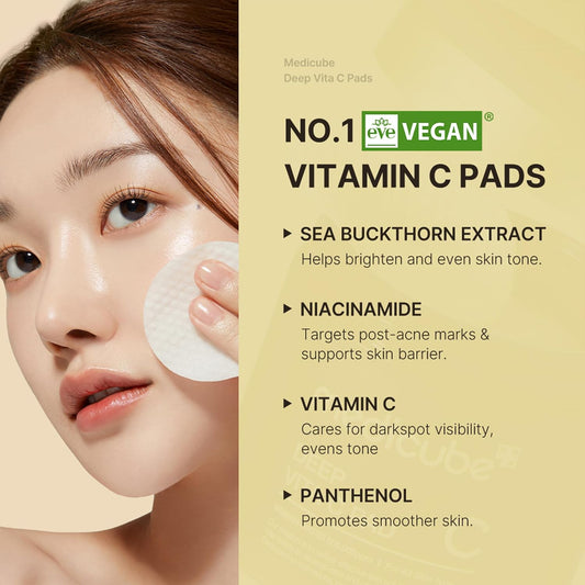 Medicube Deep Vita C Facial Pads, Vitamin C Toner Pads For Uneven Skin Tone, 500,000Ppm Of Vitamin Water & 3 Types Of Vitamin, Hydrating & Resurfacing (70 Sheets)