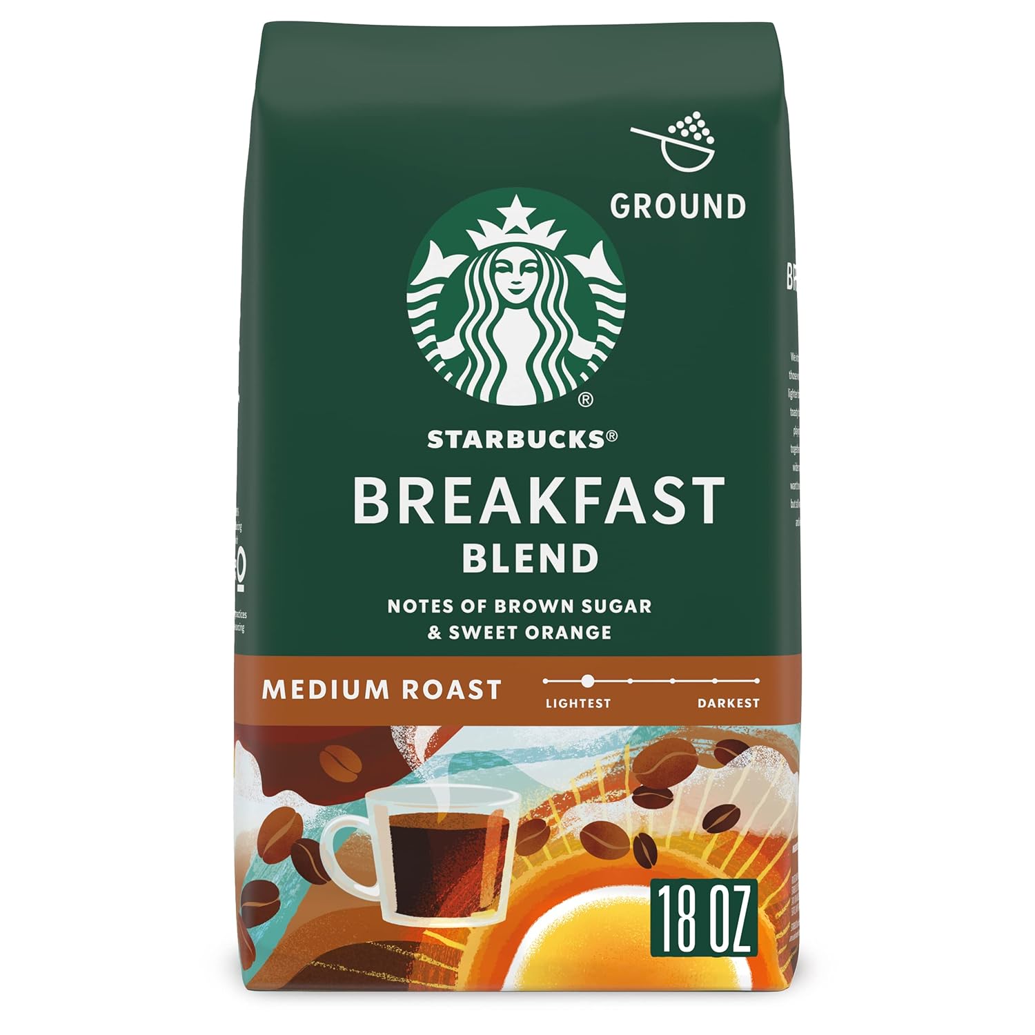 Starbucks Ground Coffee, Medium Roast Coffee, Breakfast Blend, 100% Arabica, 1 Bag (18 Oz)