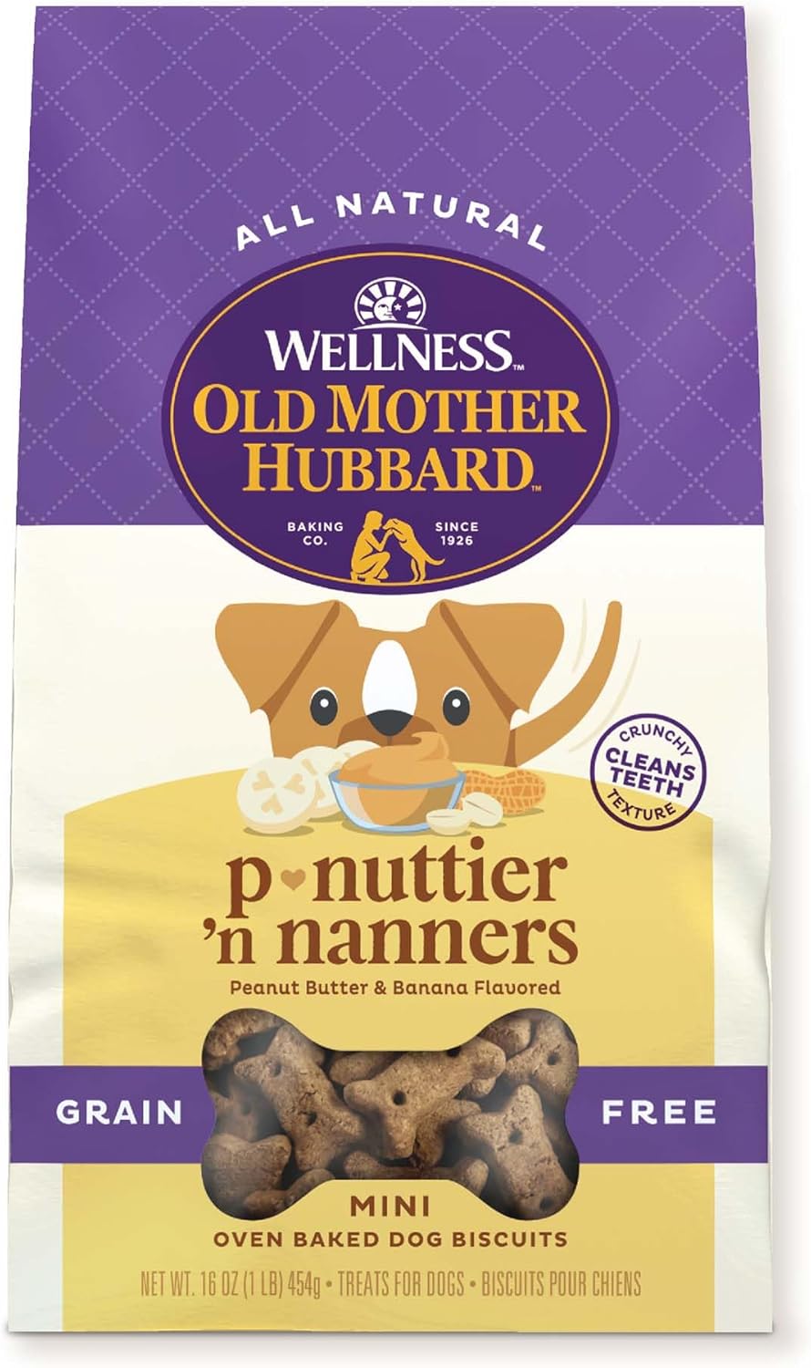 Old Mother Hubbard By Wellness Classic P-Nuttier 'N Nanners Grain Free Natural Dog Treats, Crunchy Oven-Baked Biscuits, Ideal For Training, Mini-Size, 16 Ounce Bag