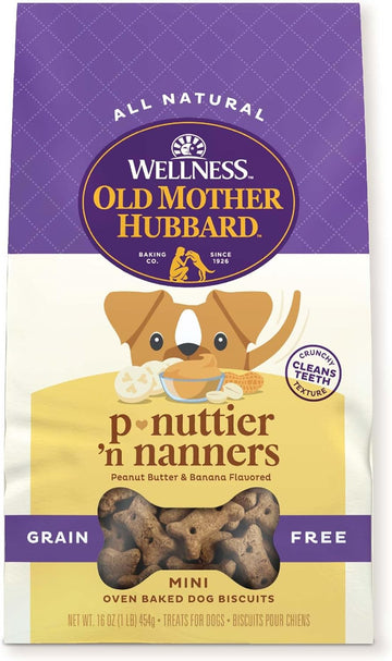 Old Mother Hubbard By Wellness Classic P-Nuttier 'N Nanners Grain Free Natural Dog Treats, Crunchy Oven-Baked Biscuits, Ideal For Training, Mini-Size, 16 Ounce Bag