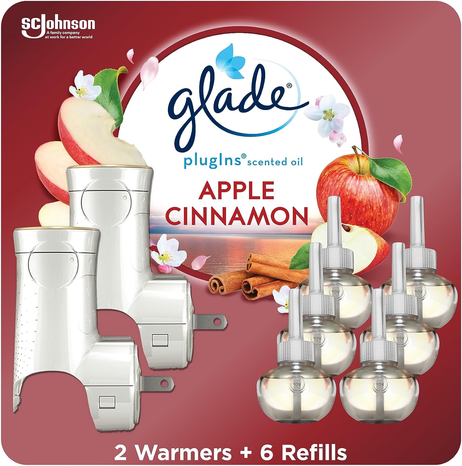 Glade PlugIns Air Freshener Starter Kit, Scented and Essential Oils for Home and Bathroom, Apple Cinnamon, 4.02 Fl Oz, 2 Warmers and 6 Refills