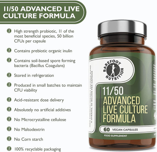 Barefoot Nutrition - Advanced Live Culture Formula, With 11 Key Strains At 50 Billion Cfu Per Capsule, High Strength Probiotic Supplement, Supports Gut Health, 60 Vegan Capsules