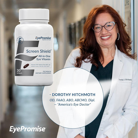 Eyepromise Screen Shield All-In-One Eye Vitamin | Omega–3 Fish Oil, Bilberry, Lutein, Zeaxanthin, Vitamins A, C, B12, Zinc | 30 One-A-Day, Easy-Swallow Softgel Capsules