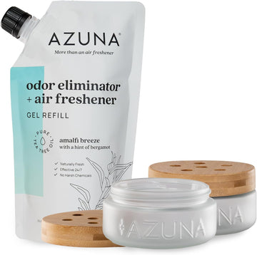 Azuna Air Freshener & Odor Eliminator Gel 2 Room Kit, Includes (2) 8 Oz. Empty Luxe Glass Jars & 12 Oz. Refill With Tea Tree Essential Oil, Amalfi Breeze, Works 24/7 For 60-90 Days