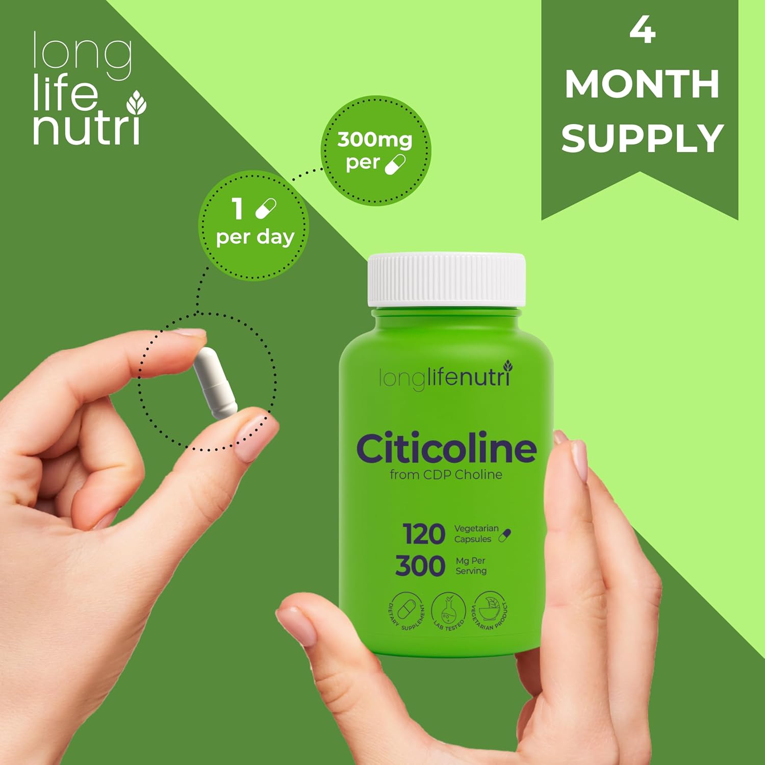 Citicoline 300Mg - From Cdp Choline, 120 Vegetarian Capsules, Supplement For Cognitive Performance & Mental Sharpness, 4-Month Supply, Gmp Certified, Made In Usa : Health & Household
