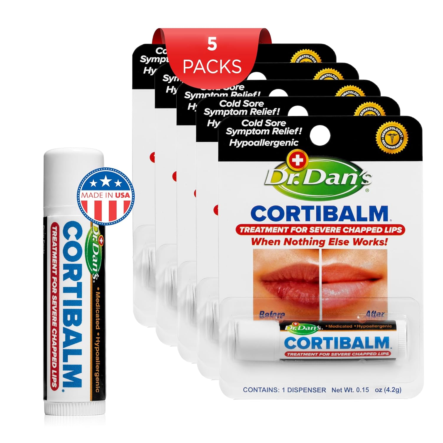 Dr. Dan's Cortibalm-5 pack- for Dry Cracked Lips Healing Lip Balm for Severely Chapped Lips - Designed for Men, Women and Children : Beauty & Personal Care