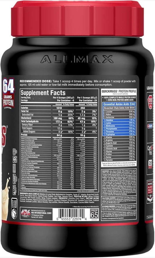 Allmax Quickmass, Vanilla - 3.5 Lb - Rapid Mass Gain Catalyst - Up To 64 Grams Of Protein Per Serving - 3:1 Carb To Protein Ratio - Zero Trans Fat - Up To 24 Servings