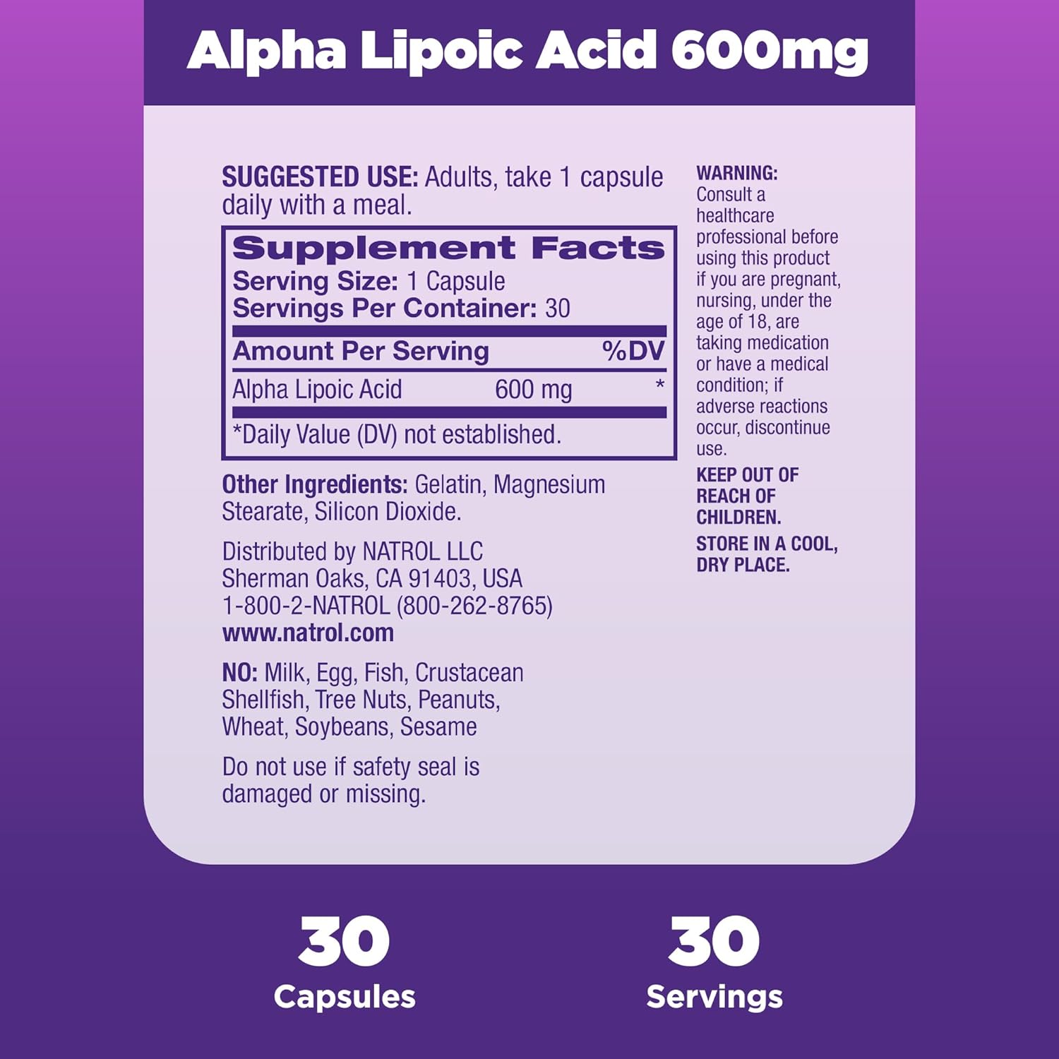 Natrol Alpha Lipoic Acid 600 mg, Dietary Supplement for General Wellness, 30 Capsules, 30 Day Supply : Health & Household