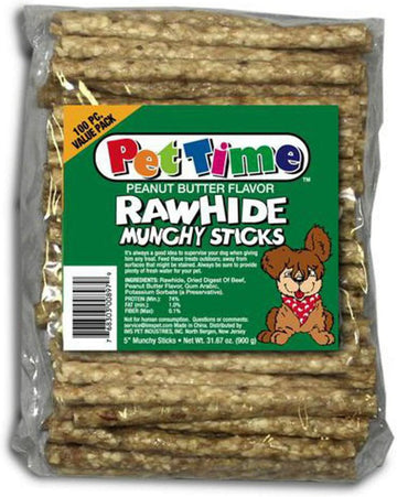 Cadet Premium Grade Beef Hide For Dogs, Long Lasting Rawhide Munchy Sticks, Single Ingredient Dog Chews, Peanut Butter Flavor, 5 Inch (100 Count)