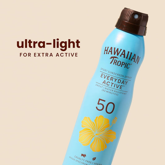 Hawaiian Tropic Everyday Active Spray Sunscreen Spf 50, 6Oz | Hawaiian Tropic Sunscreen Spf 50, Sunblock, Oxybenzone No Sunscreen, Spray On Sunscreen, Body Sunscreen Spray Spf 50, 6Oz Each Twin Pack