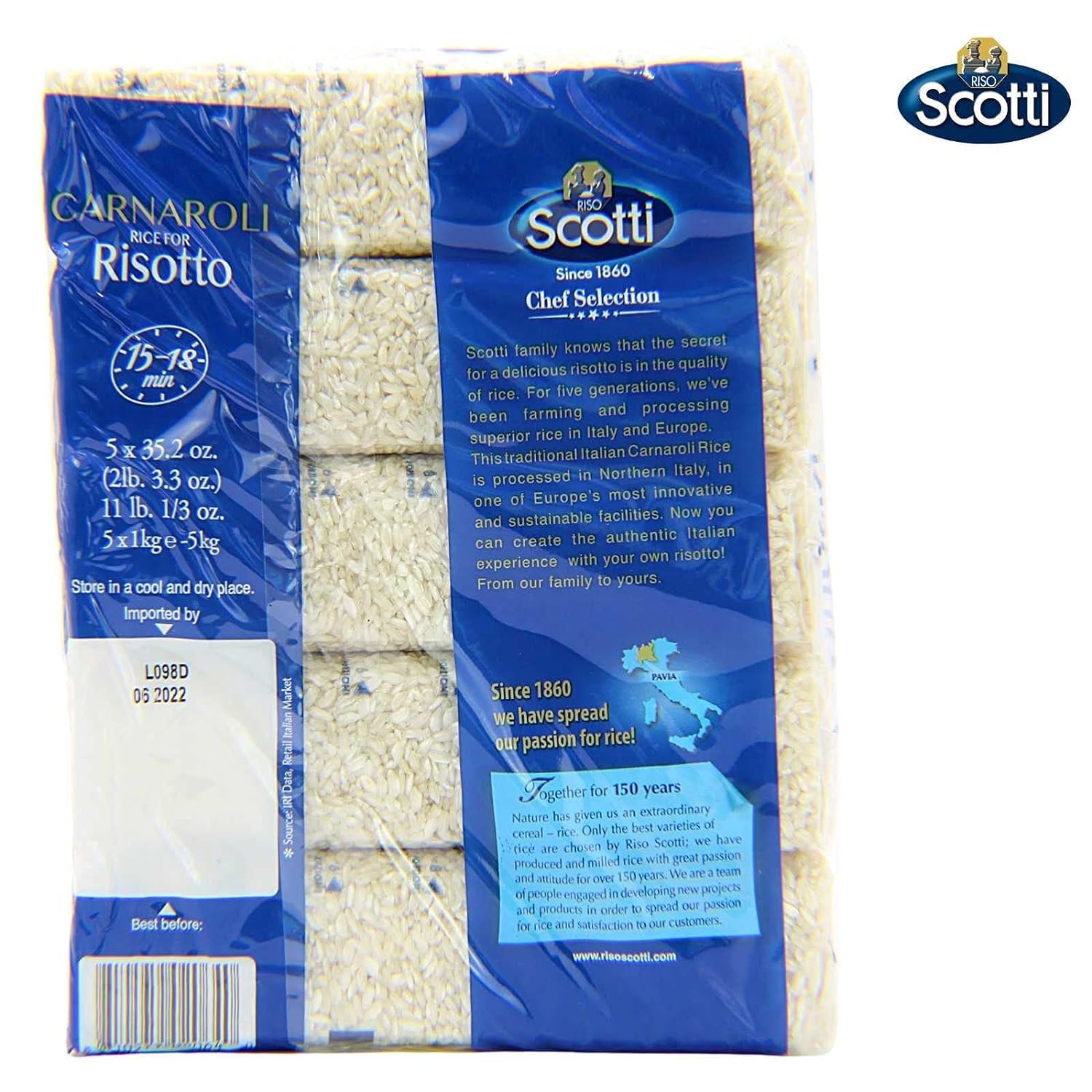 Carnaroli Rice for Risotto, 11 lbs (5x1 kg), Product of Italy, Chef Selection, Gluten Free, Non-GMO, Vacuumed Packed, Riso Scotti : Everything Else