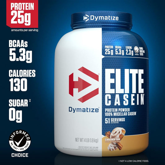 Dymatize Elite Casein Protein Powder, Slow Absorbing With Muscle Building Amino Acids, 100% Micellar Casein, 25G Protein, 5.4G Bcaas & 2.3G Leucine, Helps Overnight Recovery, Cinnamon Bun, 4 Pound