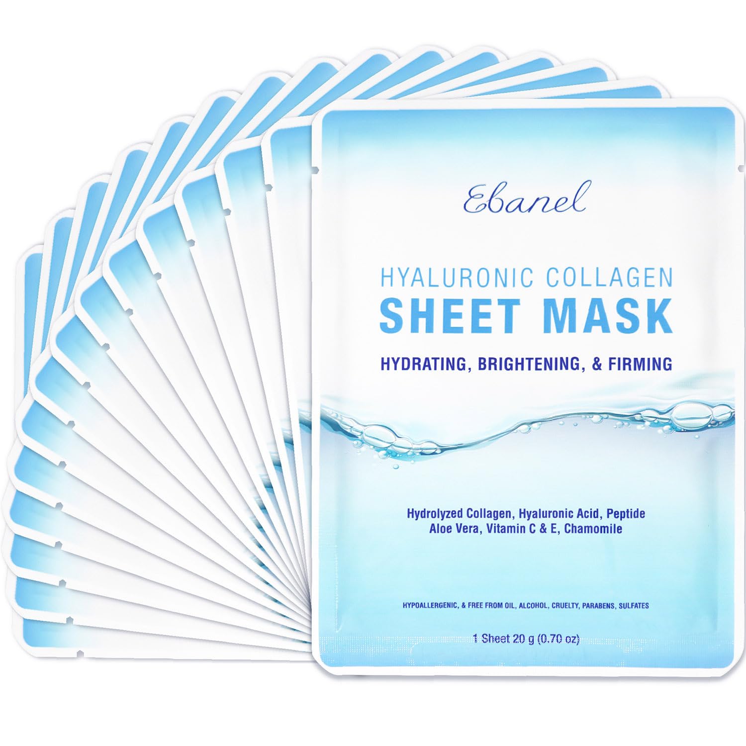 Ebanel 15 Pack Collagen Peptide Hydrating Face Masks, Instant Brightening Firming Anti Aging Face Sheet Masks, Moisturizing Spa Face Masks Skincare With Hyaluronic Acid, Vitamin C, Chamomile, Aloe