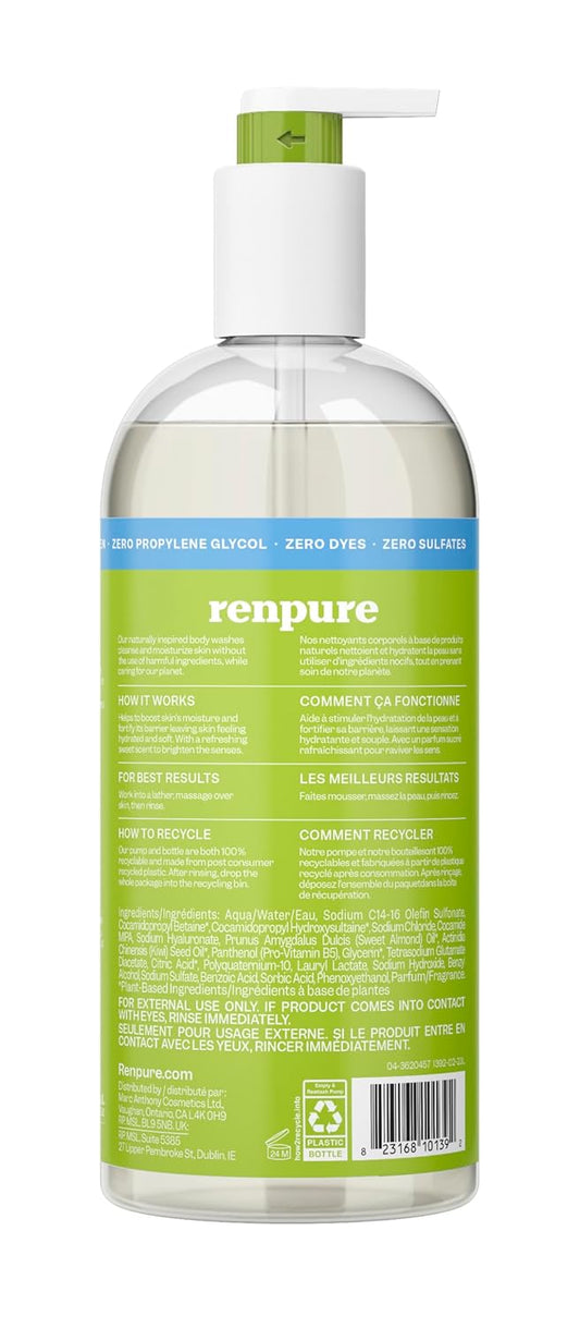 Renpure Kiwi And Hyaluronic Acid Ultra Hydrating Body Wash - Leaves Skin Moisturized - Rids Skin Of Daily Grime - Gentle Formula - Dye And Paraben Free - Recyclable, Pump Bottle Design - 24 Fl Oz